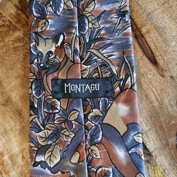 Rare Montagu Fox Print Silk Brown & Navy Blue Mens Neck Tie - Picture 5 of 5
